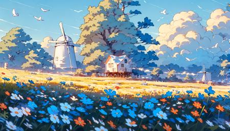 01319-3043302134-Tree House，A house in a giant tree with a windmill turning next to it  ,birds, grass, flowers, trees，wind, blue sky, clouds，Flow.png